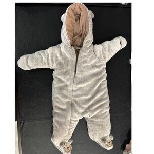 Koala Baby Tan Faux Fur Bear Hooded Pram Snowsuit 3-6M Mittens Footed Bunting